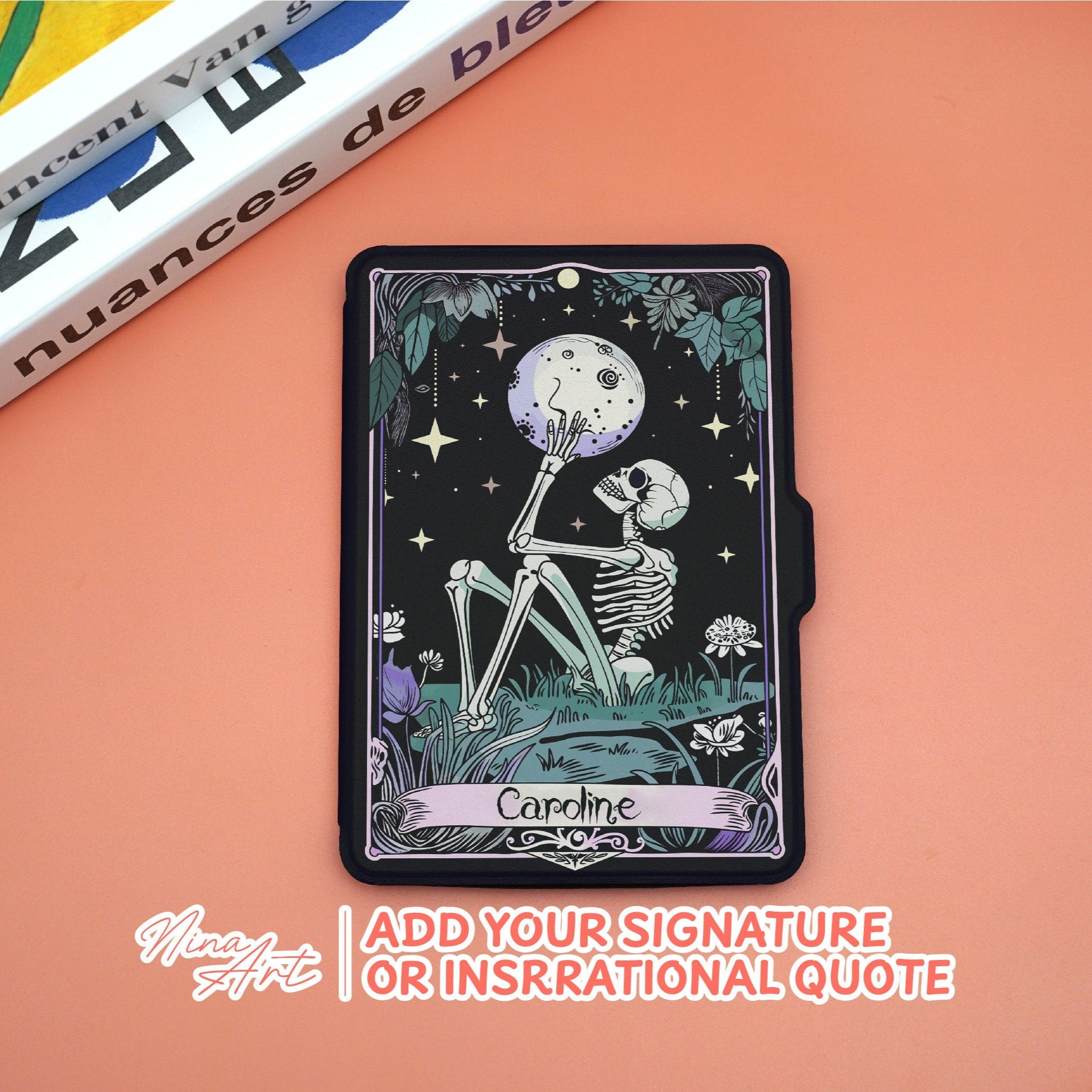 Skeletal design with moon and stars on a card against an orange background